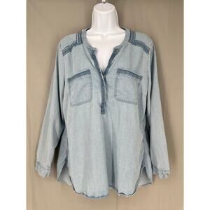 Eddie Bauer Top Womens Large Blue Chambray Embroidered Henley Popover Comfy